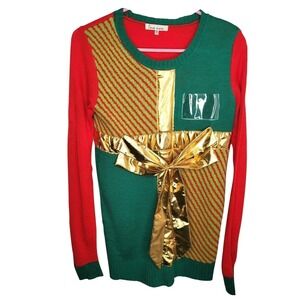Ugly Christmas Sweater Small Christmas Present Gold Bow Love More Long Sleeve